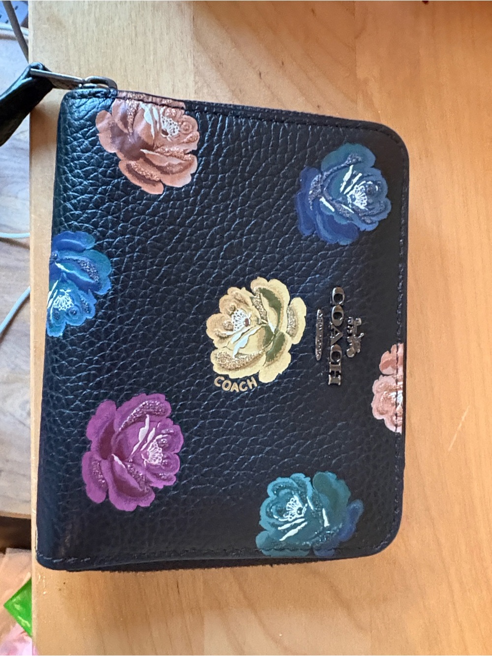 Coach Black Pebbled Leather Floral Zip Wallet
